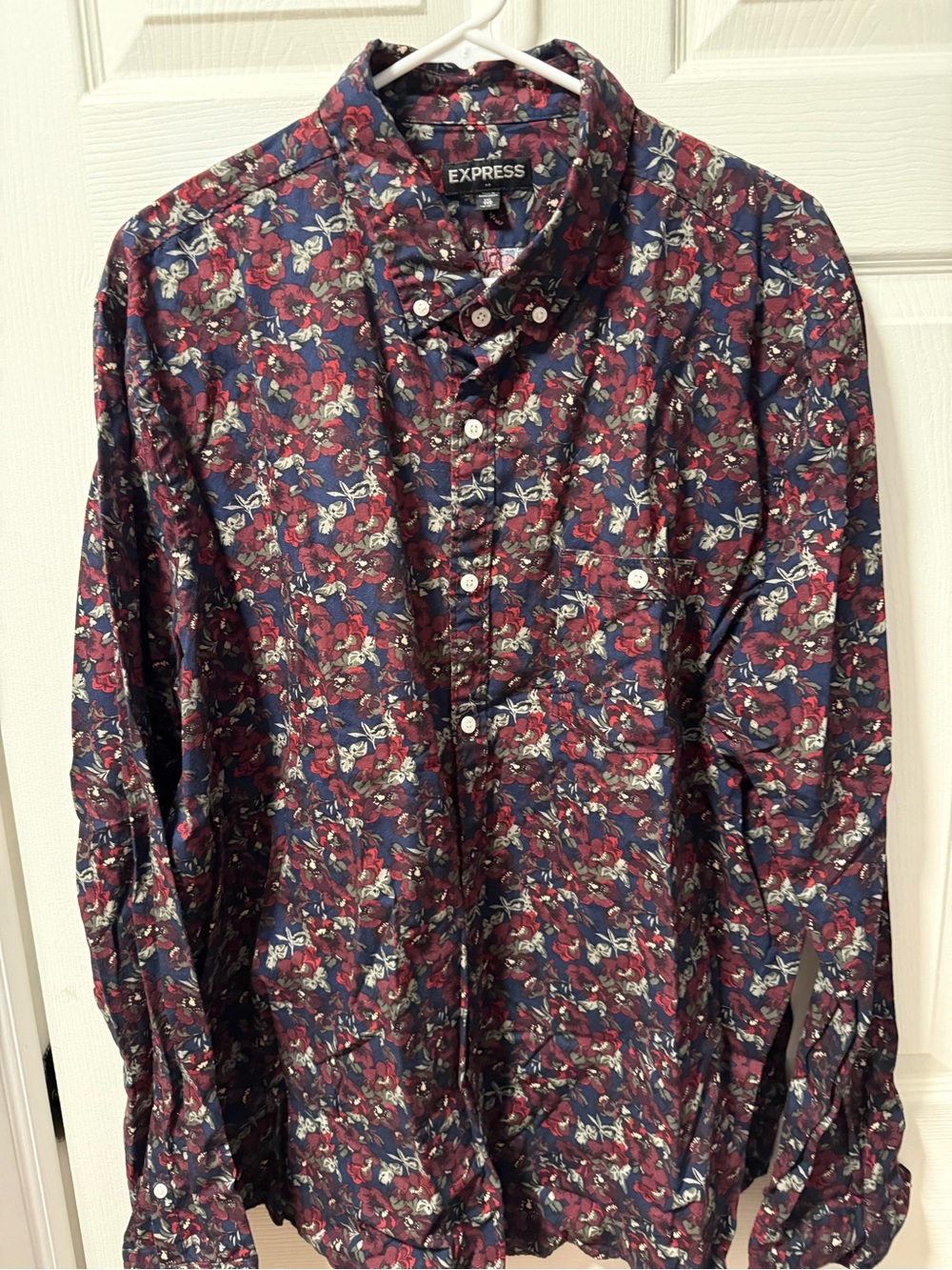 Express Men’s Navy and Burgundy Floral Button-Up Shirt